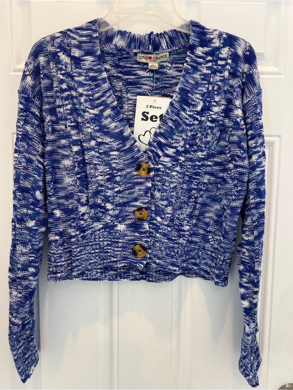 2 Piece Love Change Italy Ladies White Blue Crop Sweater Button NWT Size L  #867